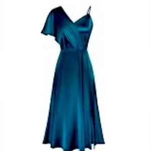 Teal satin dress. Perfect for a wedding guest.